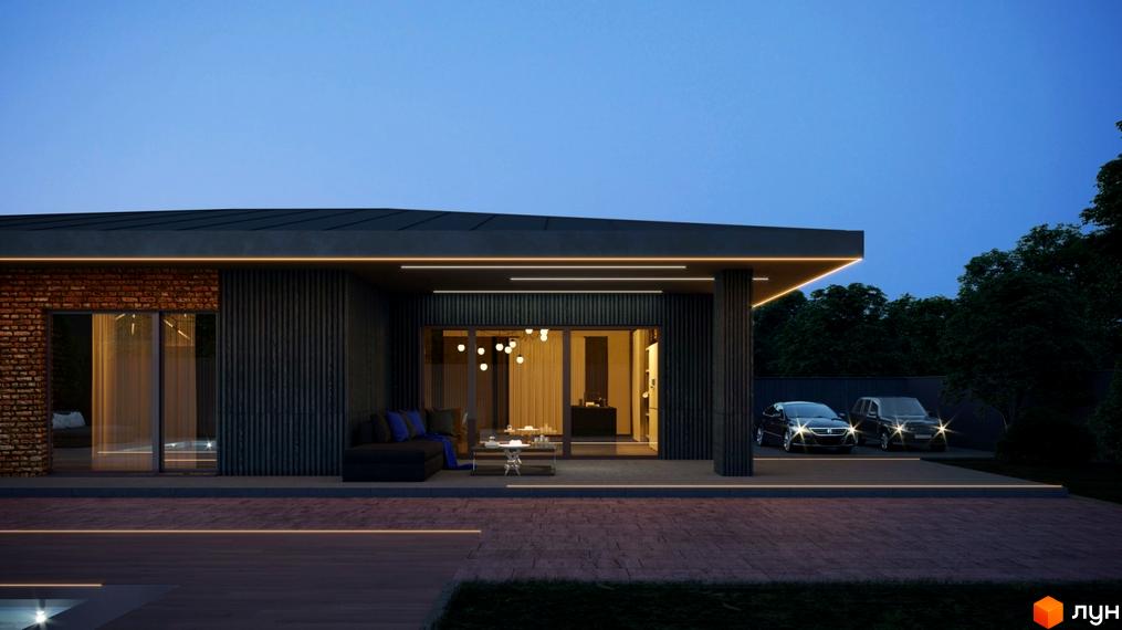 Житловий комплекс з терасою та підсвіткою фасаду, поруч з будинком розташована зона паркування для автомобілів.