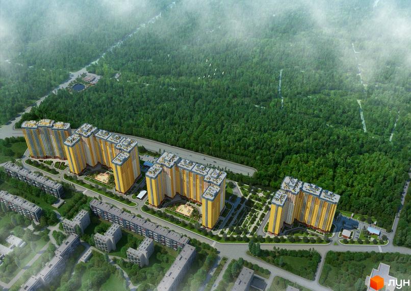 Фото ЖК на Кондратюка: висотні жовті будинки з сірими елементами, розташовані біля лісу. Прибудинкова територія з дитячими майданчиками та парковкою.
