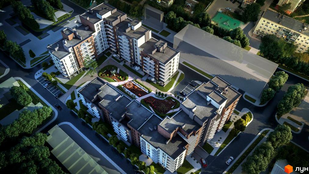 Вигляд з висоти пташиного польоту на Житловий комплекс Провесінь. На території є дитячий майданчик та зелені насадження.