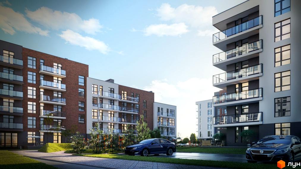 Зображення будинків Житлового комплексу Провесінь з великими вікнами та скляними балконами. На передньому плані зелений газон та припарковані автомобілі.