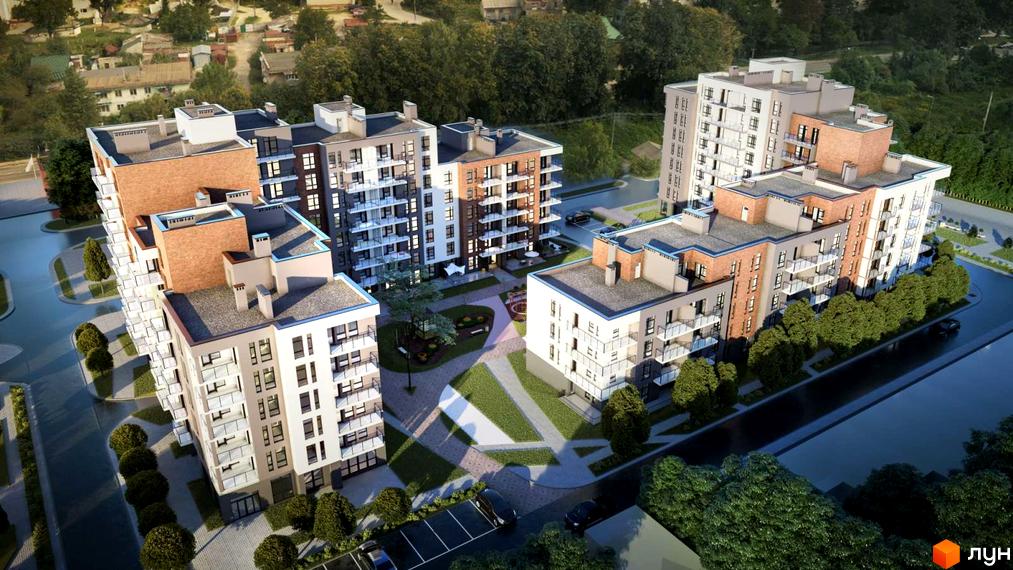 Зображення Житлового комплексу Провесінь з виглядом на фасади будинків та внутрішній двір з ландшафтним дизайном.