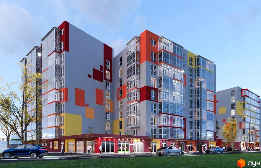 Житловий комплекс Сусіди – це багатоповерхова новобудова з яскравим фасадом та скляними балконами. Навколо комплексу розташовані зелені насадження та проїжджа частина з автомобілями.