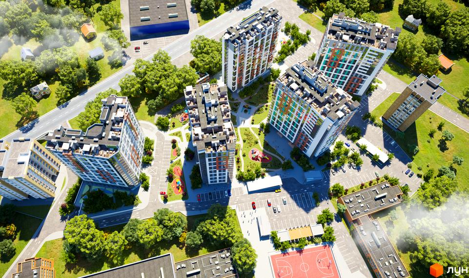 Житловий комплекс Crystal Avenue з висотними будинками з різнокольоровими фасадами. На території комплексу є парковки, дитячі майданчики та зелені зони.