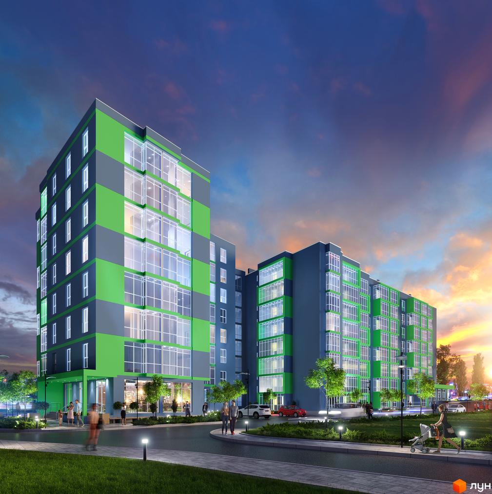 Житловий комплекс М'ята Авеню з сіро-зеленими фасадами та скляними балконами на тлі вечірнього неба. На прибудинковій території зелені насадження, доріжки та люди.