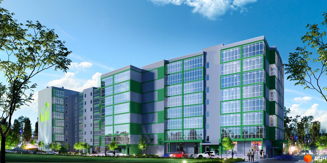 Зовнішній вигляд новобудови ЖК Мята Авеню з зеленими та сірими фасадами, великими вікнами та прибудинковою територією з деревами та газоном.