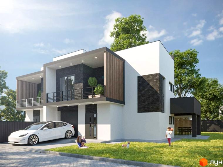Зображення фасаду будинку в Котеджному містечку Березівка з білими стінами, темними акцентами та терасою. На території є газон, автомобіль та діти.