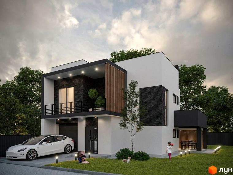 Котеджне містечко Березівка: двоповерховий будинок з білою та чорною цегляною обробкою, балконом та прибудинковою територією з газоном та деревами.