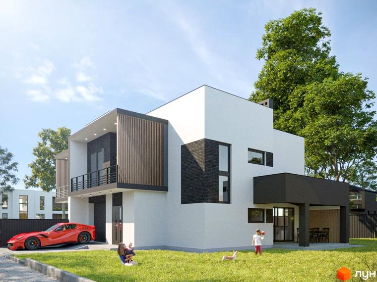 Котеджне містечко КМ Березівка: двоповерховий будинок з білою та чорною цегляною обробкою, великими вікнами та балконом. На прибудинковій території зелена галявина, червоний спортивний автомобіль та діти з собакою.