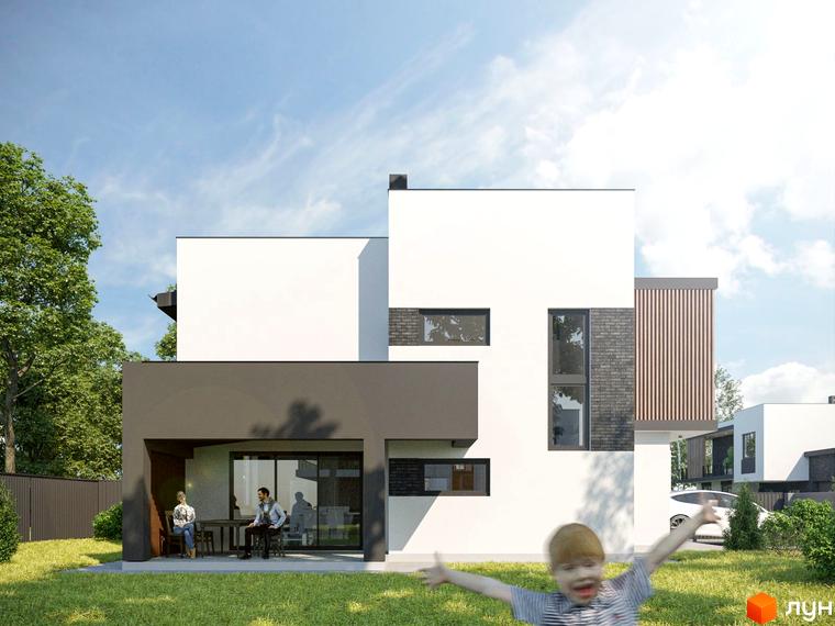 Білий будинок з темним фасадом та панорамними вікнами. На прибудинковій території газон, зелені насадження та місце для відпочинку.