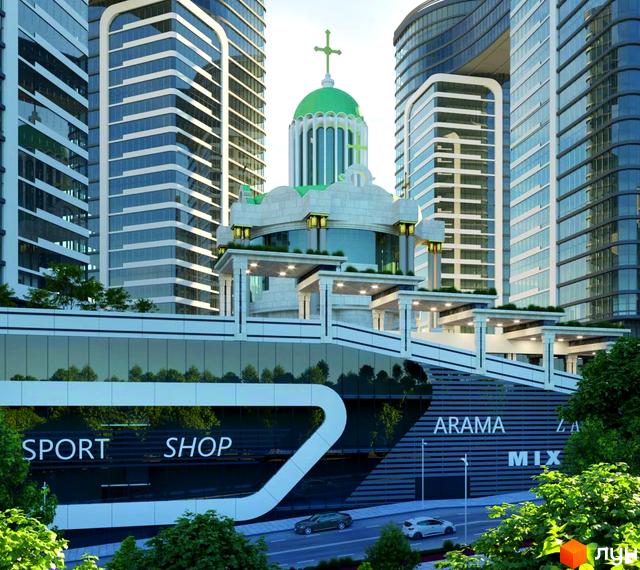 Житловий комплекс Aura city з багатоповерховими будинками та магазинами на першому поверсі. Навколо комплексу зелені насадження та дороги.