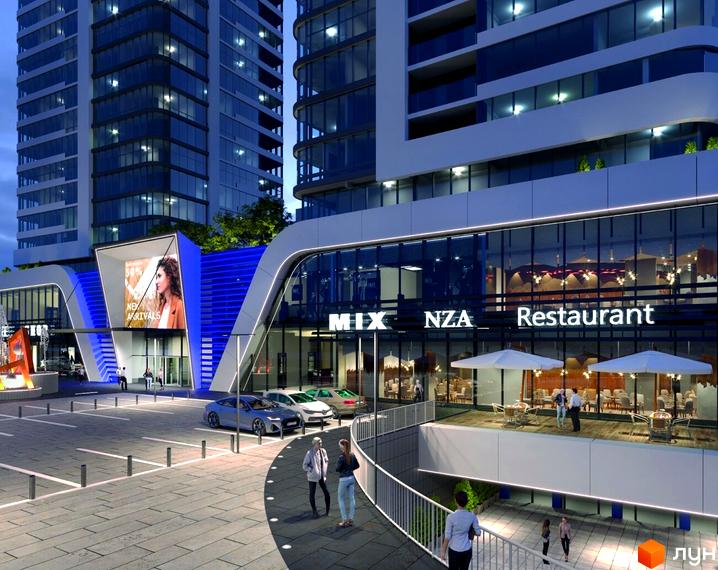 Зовнішній вигляд житлового комплексу Aura city з фасадом з панорамних вікон та прибудинковою територією з парковкою та зонами відпочинку.