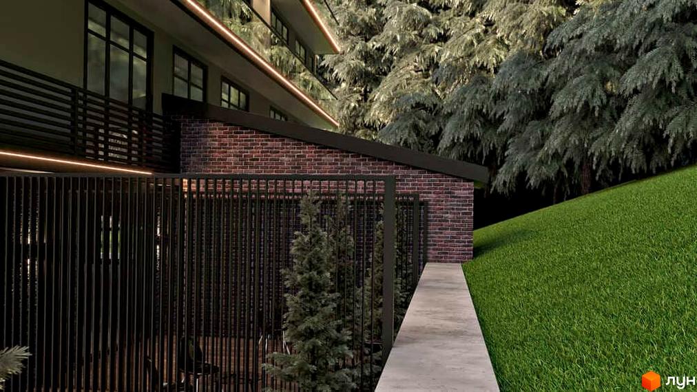 Апарт-комплекс Wood Apartments з цегляним фасадом та огорожею, оточений деревами та зеленою галявиною.