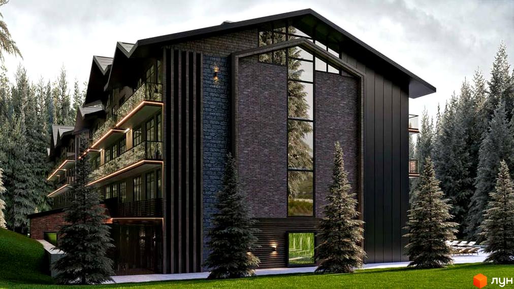 Апарт-комплекс Wood Apartments у Карпатах. Зовнішній вигляд будівлі з цегляним фасадом та дерев'яними елементами, оточений смерековим лісом.