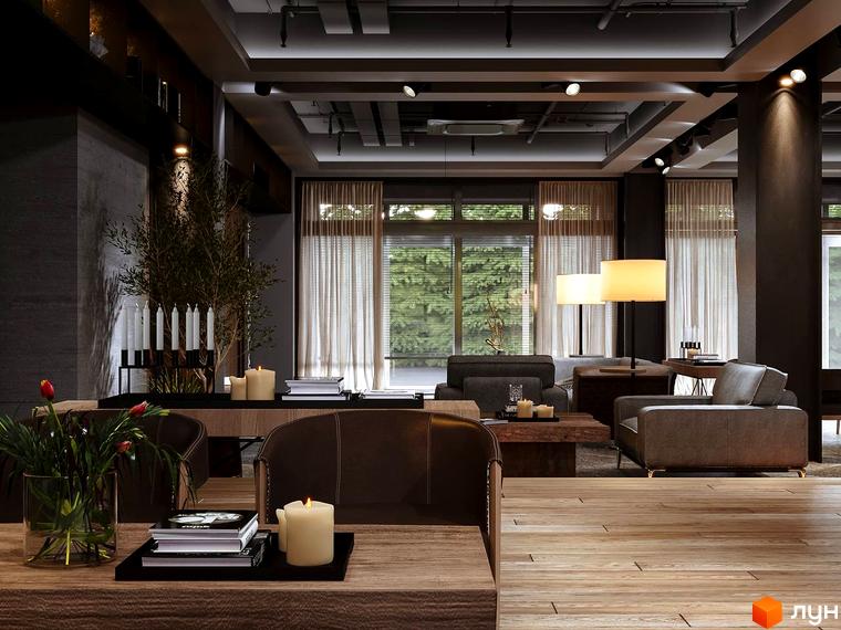 Інтер'єр вітальні в апарт-комплексі Wood Apartments з каміном та кавовим столиком. Затишна атмосфера для відпочинку та зустрічей.