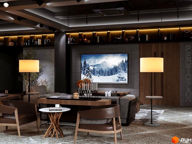 Дизайн вітальні в апарт-комплексі Wood Apartments з каміном та зручними кріслами. Сучасний інтер'єр для комфортного життя.