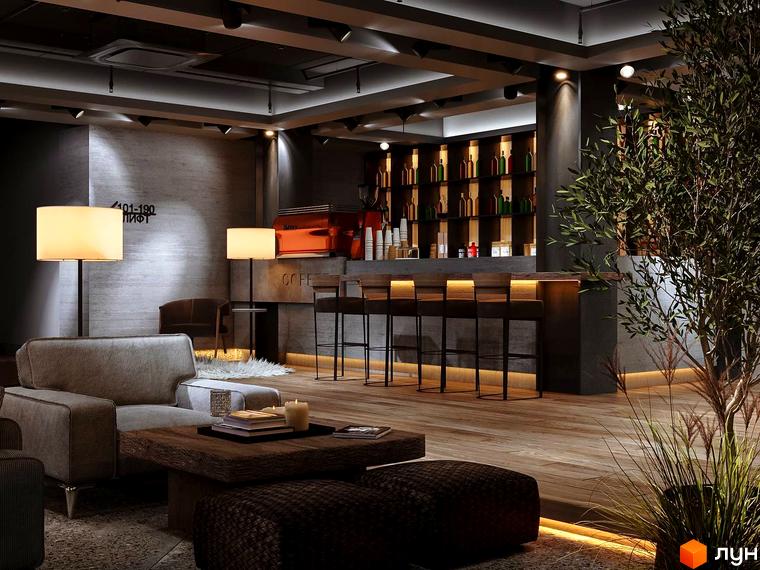 Інтер'єр лобі апарт-комплексу Wood Apartments з кавовою зоною та зонами відпочинку. Дизайн виконаний у темних тонах з акцентами на дерев'яні елементи та м'яке освітлення.