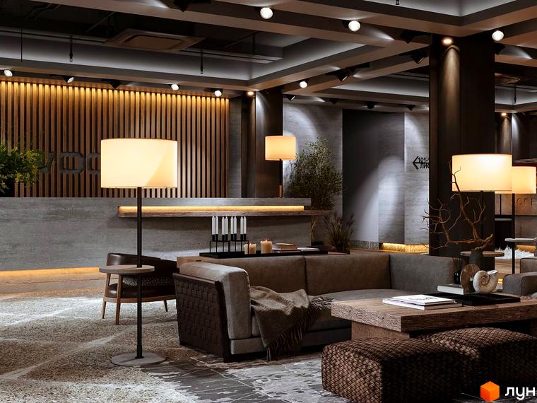 Інтер'єр зони відпочинку в апарт-комплексі Wood Apartments з диваном, журнальним столиком та освітленням. Опис новобудови для просування сайту.
