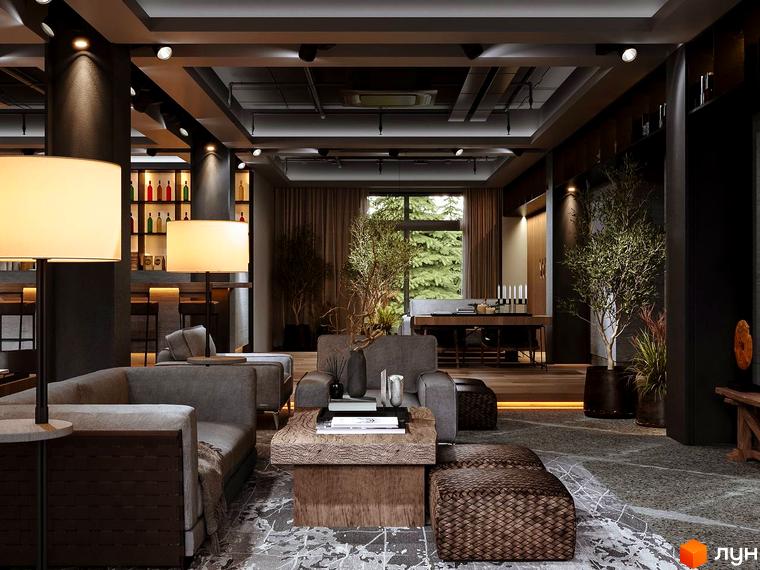 Інтер'єр апарт-комплексу Wood Apartments з диванами, журнальним столиком та рослинами. Сучасний простір для відпочинку та роботи.