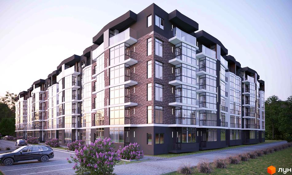 Зовнішній вигляд житлового комплексу Міленіум з цегляним фасадом, великими вікнами та балконами. Прибудинкова територія з парковкою та зеленими насадженнями.