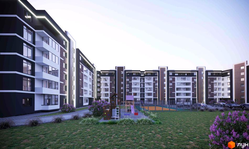 Зовнішній вигляд житлового комплексу Міленіум з дитячим майданчиком та парковкою. Сучасна архітектура та зелена прибудинкова територія.