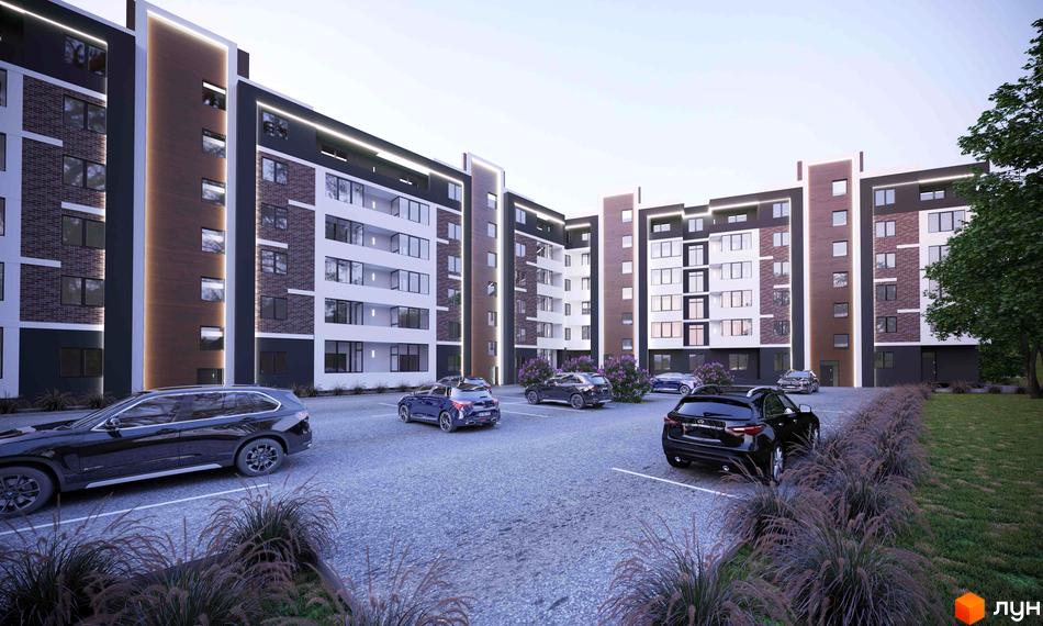 Зовнішній вигляд житлового комплексу Міленіум з парковкою та зеленими насадженнями. Сучасна архітектура новобудови з цегляними та темними фасадами.