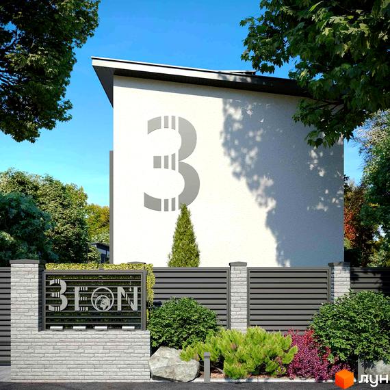 Фасад будинку житлового комплексу 3 EON з великою цифрою 3. На передньому плані паркан, зелені насадження та декоративне каміння.