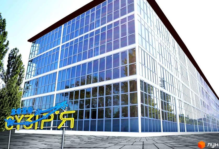 Житловий комплекс Сузір'я 2020 - багатоповерхова новобудова з панорамним склінням. Навколо будівлі розташовані дерева та бруківка.