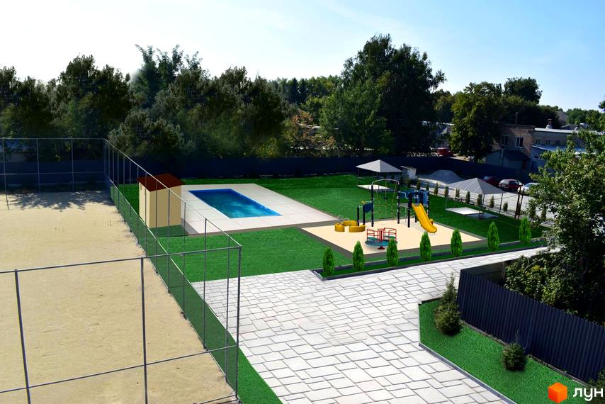 Територія житлового комплексу Сузір'я 2020 з басейном, дитячим майданчиком та спортивним майданчиком.