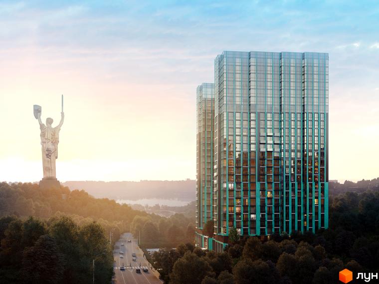 Зображення Житлового комплексу EDELDORF HILLS. Високий будинок з панорамними вікнами, поруч зелена зона та дорога.