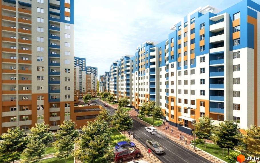 Житловий комплекс Новомостицько-Замковецький. Сучасні багатоповерхові будинки з блакитними та помаранчевими фасадами, зелена прибудинкова територія з деревами та дорогою з автомобілями.