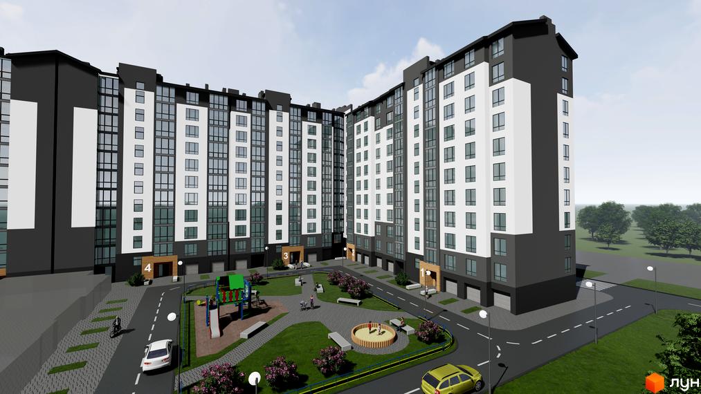 Житловий комплекс Парковий маєток - сучасна архітектура з білими та сірими фасадами, великими вікнами. На прибудинковій території дитячий майданчик, зони відпочинку та зелені насадження.