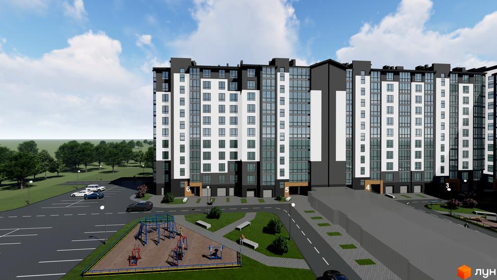 Зовнішній вигляд житлового комплексу Парковий маєток з багатоповерховими будинками та великою кількістю вікон. На прибудинковій території розташовані дитячий майданчик, парковка та зелені насадження.