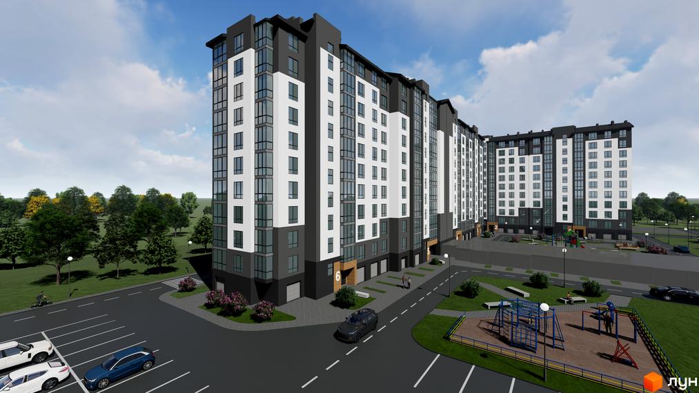 Зовнішній вигляд багатоповерхового житлового комплексу Парковий маєток з білими та сірими фасадами, великими вікнами. Прибудинкова територія з парковкою, дитячим майданчиком та зеленими насадженнями.