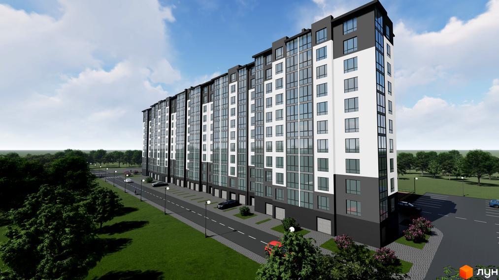 Зовнішній вигляд новобудови ЖК Парковий маєток з великою кількістю вікон та сірими елементами фасаду. Прибудинкова територія з дорогою, деревами та автомобілями.