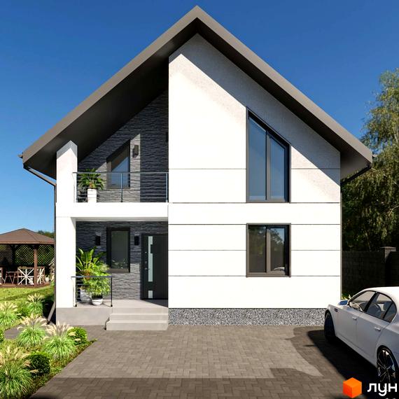 Фасад двоповерхового будинку з білими стінами та темним дахом, поруч зелені насадження та автомобіль. Вишнева, 9 - чудовий вибір житла.