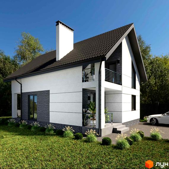 Двоповерховий будинок з білими стінами та темною покрівлею. На прибудинковій території газон, кущі та доріжка до будинку.