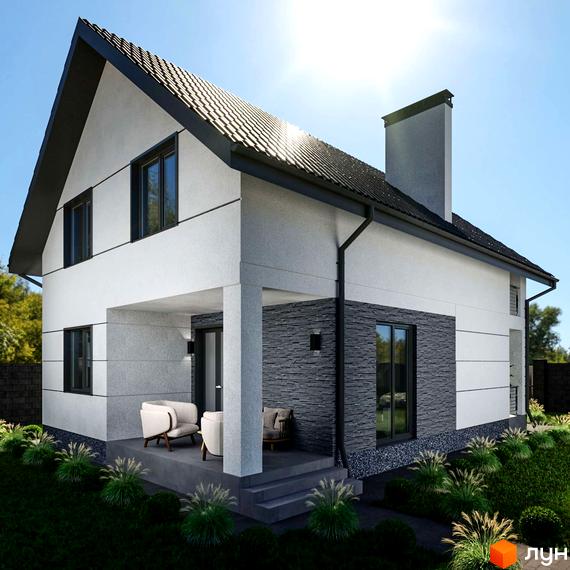 Двоповерховий будинок з білими стінами та темною покрівлею. На подвір'ї доглянутий газон та декоративні рослини.