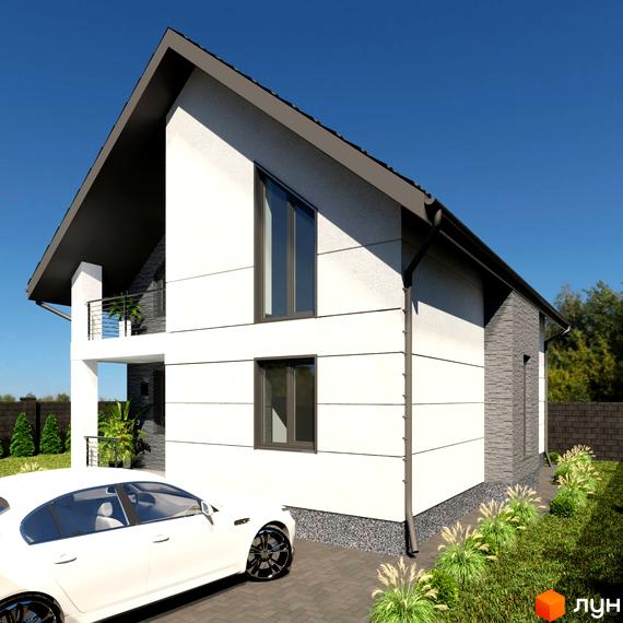 Зовнішній вигляд будинку з білими стінами та темним дахом. На території біля будинку є газон, бруківка та припаркований автомобіль.