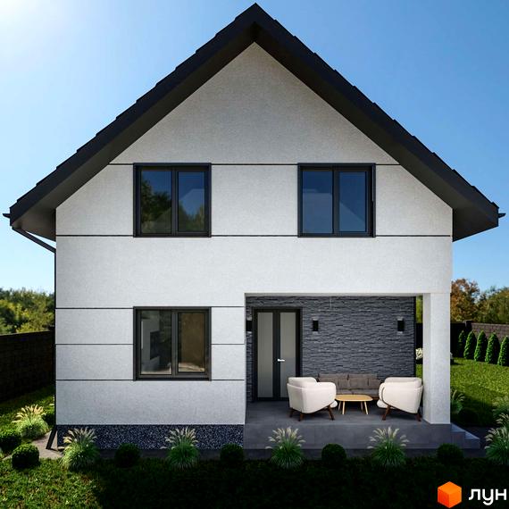 Фасад двоповерхового будинку з темним дахом та вікнами. На терасі розташовані крісла та столик, перед будинком газон з рослинами.