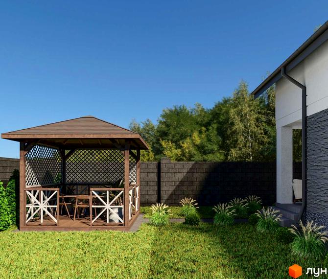 Альтанка з дерев'яними елементами на території житлового будинку з газоном та зеленими насадженнями. На задньому плані - кам'яний паркан.