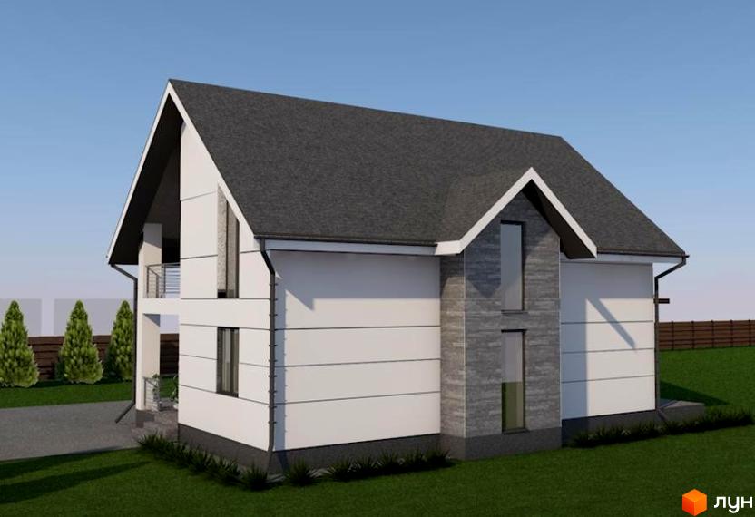 Зображення будинку ЖК на вулиці Вишнева, 9. Біла будівля з темним дахом та сірою кам'яною обробкою, зелена прибудинкова територія.