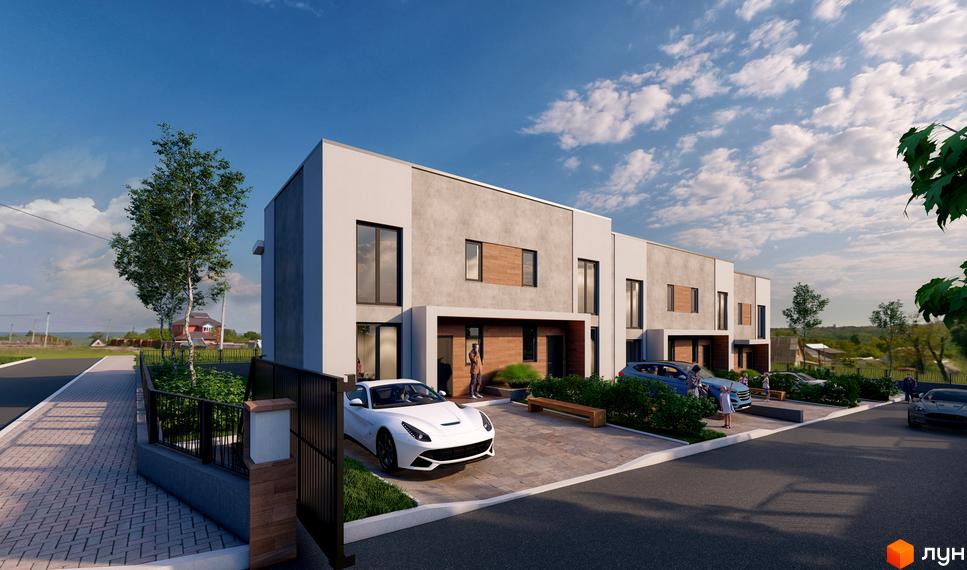 Зображення житлового комплексу BRICKWOOD HOUSE. На фото видно фасади таунхаусів з великими вікнами, оздоблені світлими та сірими панелями, а також прибудинкову територію з бруківкою та зеленими насадженнями.