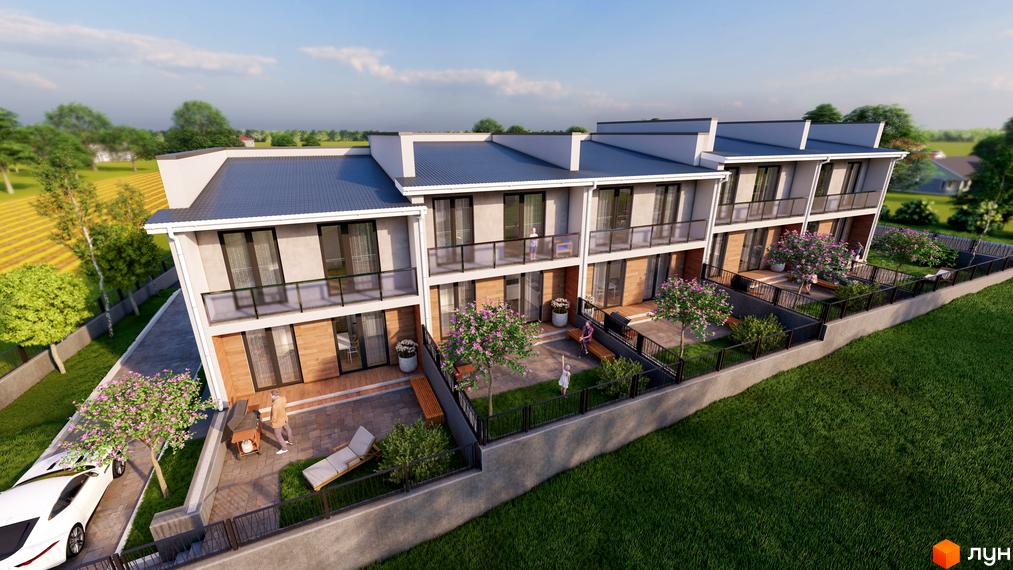 Зображення таунхаусів BRICKWOOD HOUSE з терасами, скляними балконами та доглянутою прибудинковою територією з газоном, деревами та лавками.