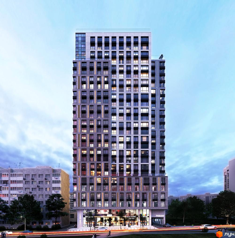 Новобудова ЖК ANRIL house з сірим фасадом та великими вікнами. Біля будинку розташована дорога з автомобілями та пішохідна зона.