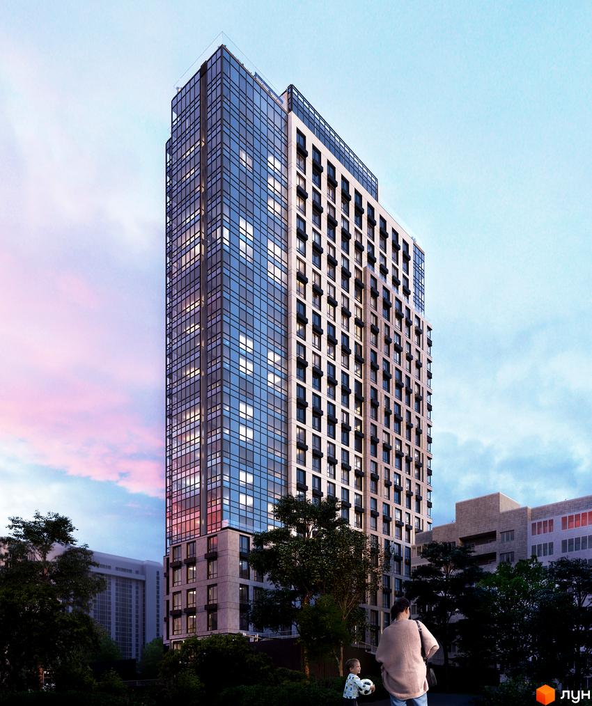 Житловий комплекс ANRIL house - висотна новобудова з панорамним склінням та кам'яним оздобленням фасаду. Навколо зелена зона з деревами та дитячим майданчиком.