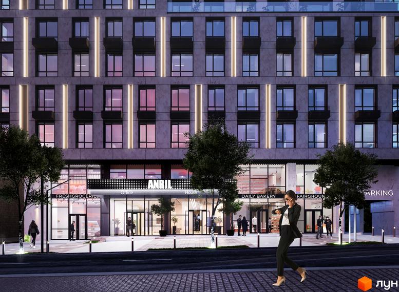 Житловий комплекс ANRIL house з фасадом з мармурових плит та підсвіткою. На першому поверсі розташовані магазини та офіси, перед комплексом – доглянута прибудинкова територія.