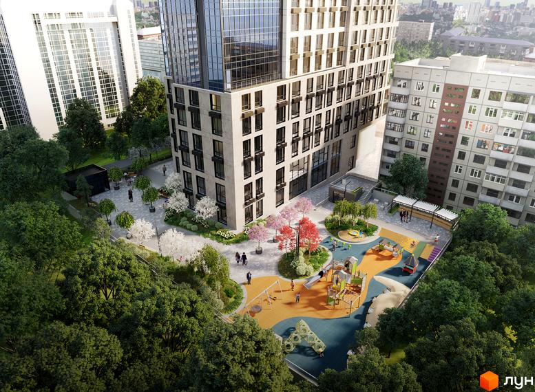 Житловий комплекс ANRIL house з сучасною архітектурою та облаштованим дитячим майданчиком. На зображенні видно багатоповерхові будинки та зелену прибудинкову територію.