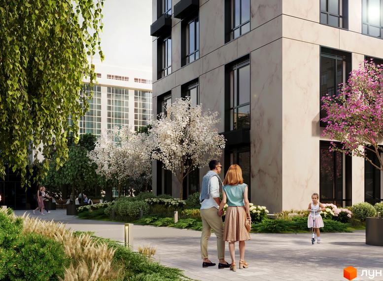 Житловий комплекс ANRIL house з мармуровим фасадом та зеленою прибудинковою територією, де гуляють люди. Сучасна архітектура та ландшафтний дизайн.