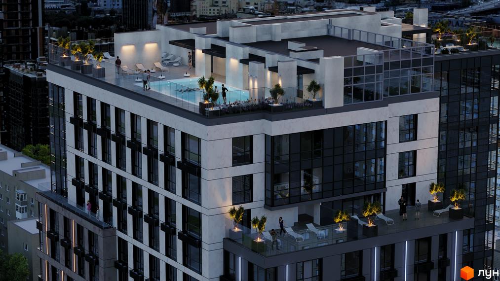 Житловий комплекс ANRIL house з басейном та зонами відпочинку на даху. Зовнішній вигляд будівлі з панорамними вікнами та терасами.