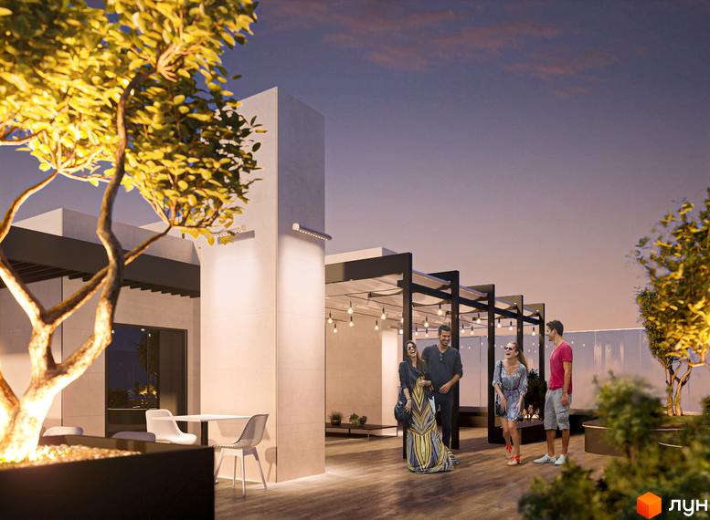Житловий комплекс ANRIL house з терасою, що освітлюється гірляндами, де відпочивають люди. На передньому плані дерево з підсвічуванням.